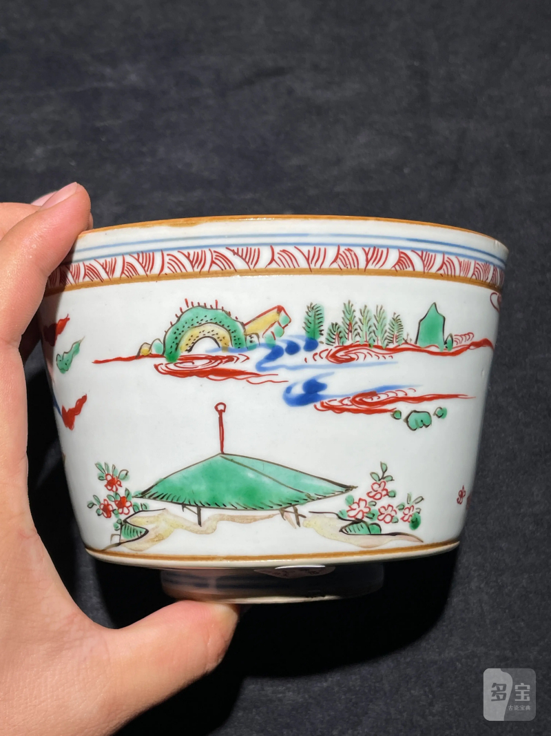 明晚期 青花五彩山水花鸟纹筒式炉 - 图3